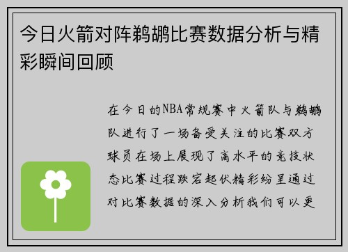 今日火箭对阵鹈鹕比赛数据分析与精彩瞬间回顾
