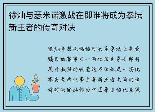徐灿与瑟米诺激战在即谁将成为拳坛新王者的传奇对决